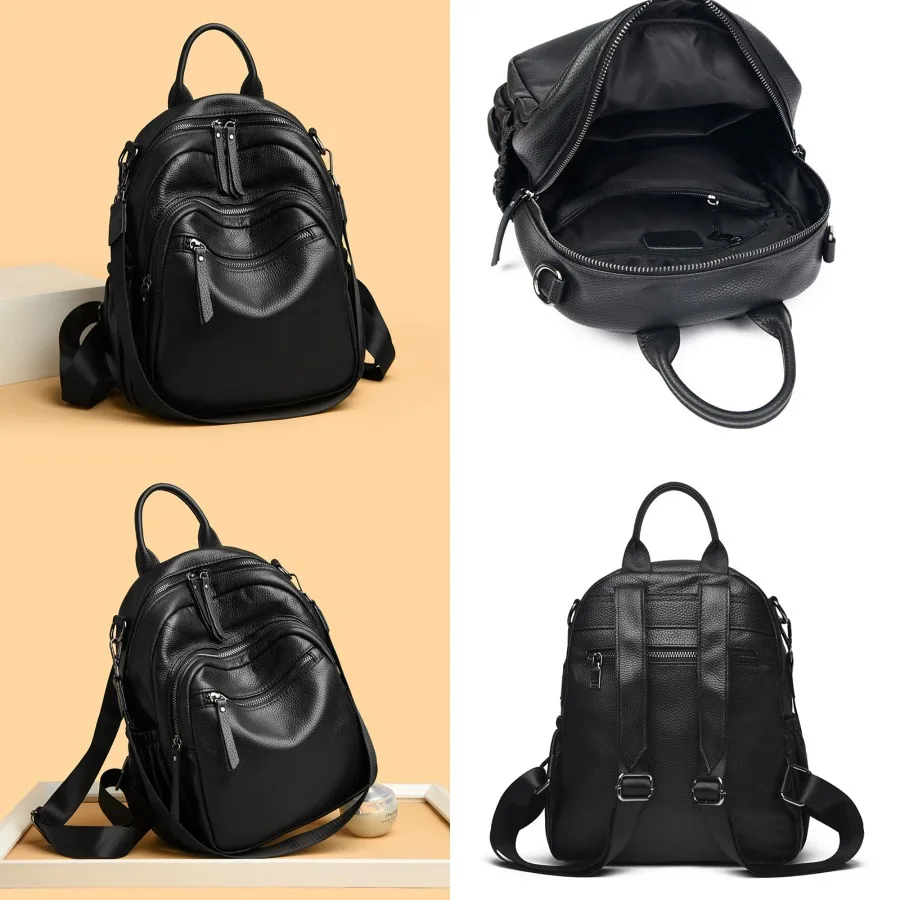 

【New Arrival】Women's Black Genuine Leather Backpack, Multi-Pocket Convertible Daypack with Detachable Shoulder Strap, Casual & Versatile Everyday Rucksack