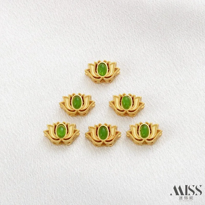 18K Gold Plated Matte Gold Green Gem Lotus Hollow Spacer Beads Lucky Beads For DIY Bracelet Necklace Jewelry