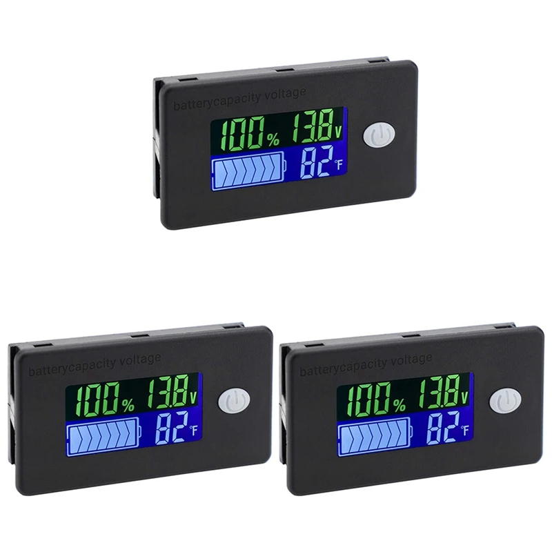 Monitor de capacidad de la batería, medidor de 10-100V, 12V, 24V, 48V, indicador de temperatura Fahrenheit, 3 unidades