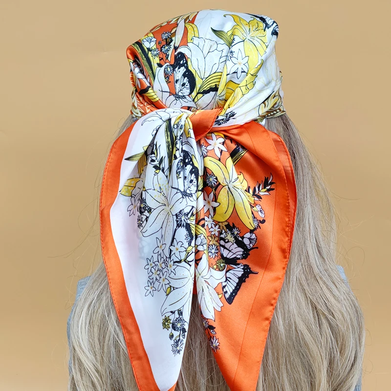 Women New Style Square Headscarf Luxury Sunscreen Beach Kerchief Popular Design 70X70CM Silk Hijab 2023 The Four Seasons Scarves image 3