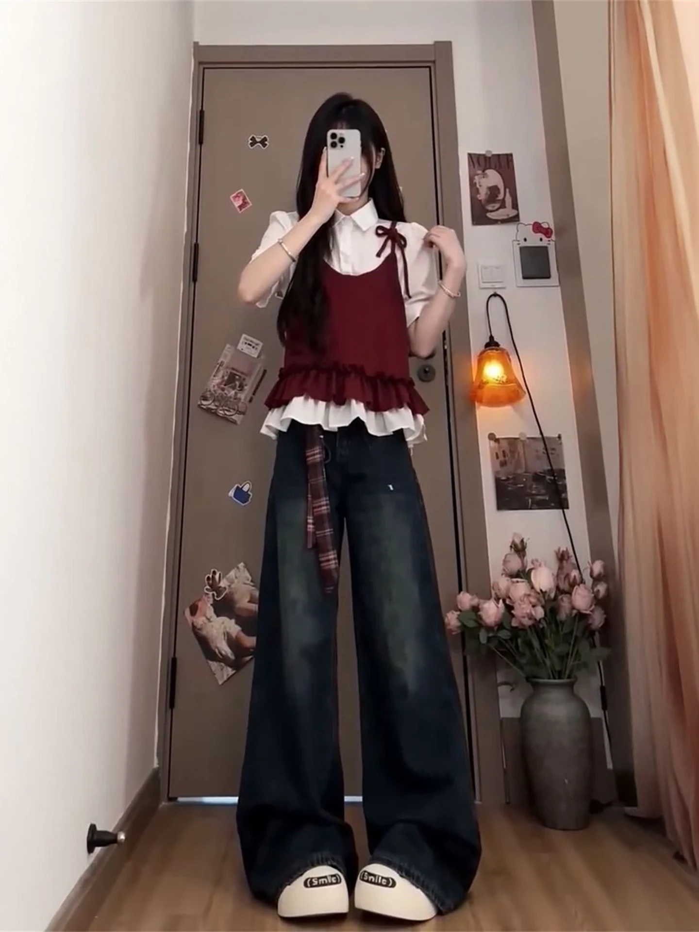 

Blue Long Sleeve Shirt And High Waist Wide Leg Pants Two Piece Set Cool Sweet Atmosphere Splicing Design Fashionable Women's ...