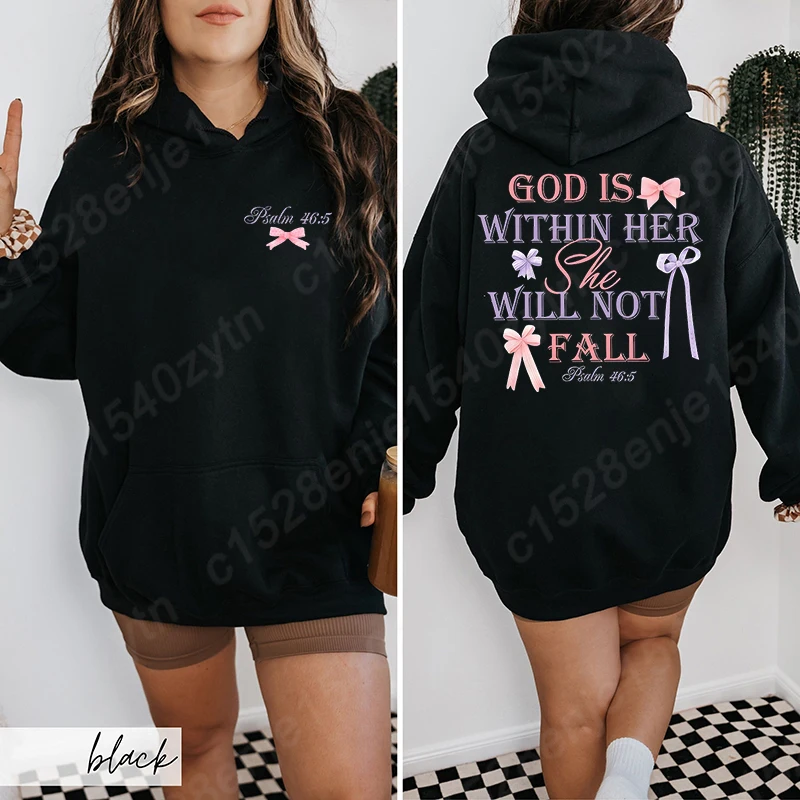 Women's Hoodies, Bow & God Is Within Her Letter Print Hoodie, Long Sleeves, Christian Quote Graphic Hoodies, Harajuku Pulllovers