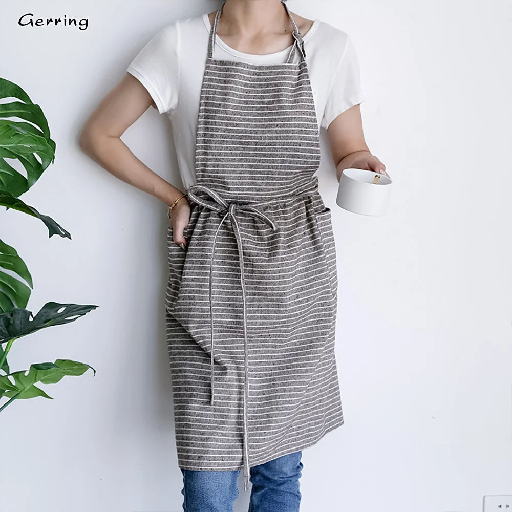 Gerring Apron Cooking Stripe Pleated Kitchen Apron Dress Linen Sleeveless Coveralls Chef Waiter Cafe Shop BBQ Tablier Delantal