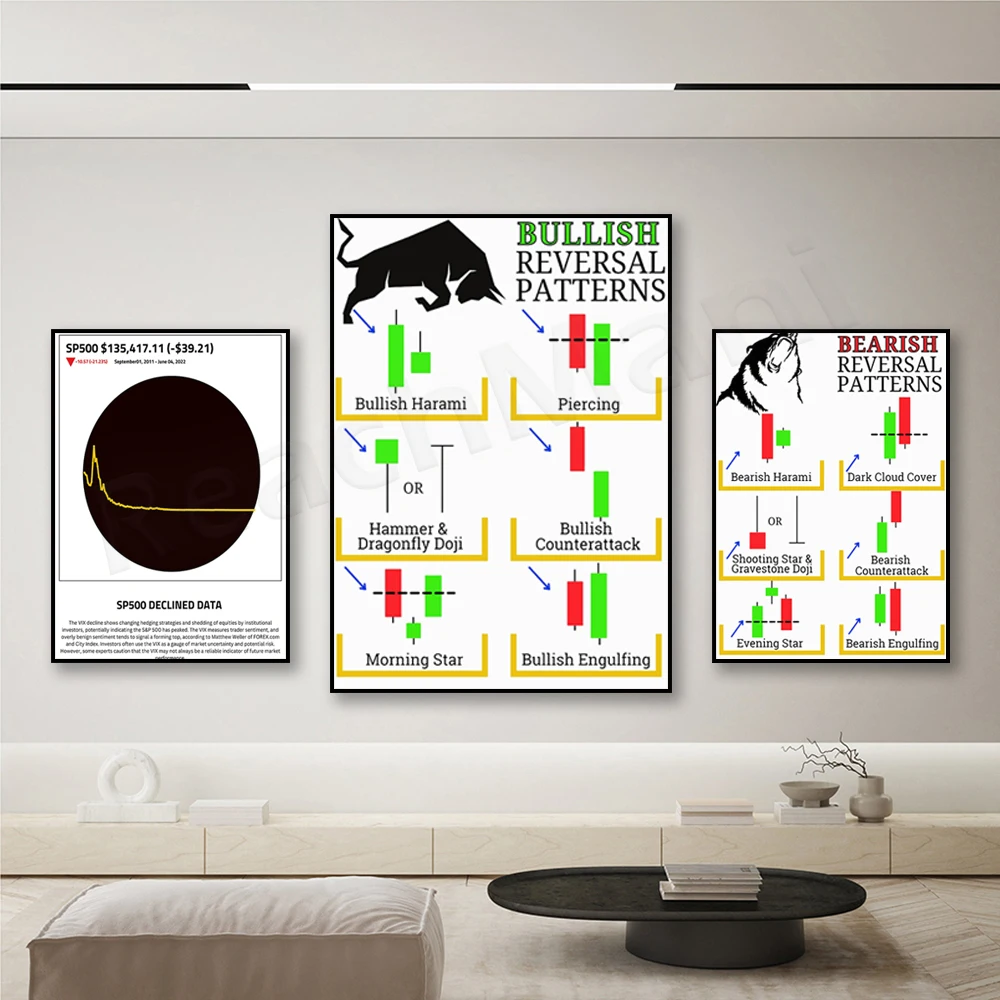 CRYPTO and STOCK Market History Chart, Bullish and Bearish Bearish Reversal Candlestick Pattern Day Trading Poster