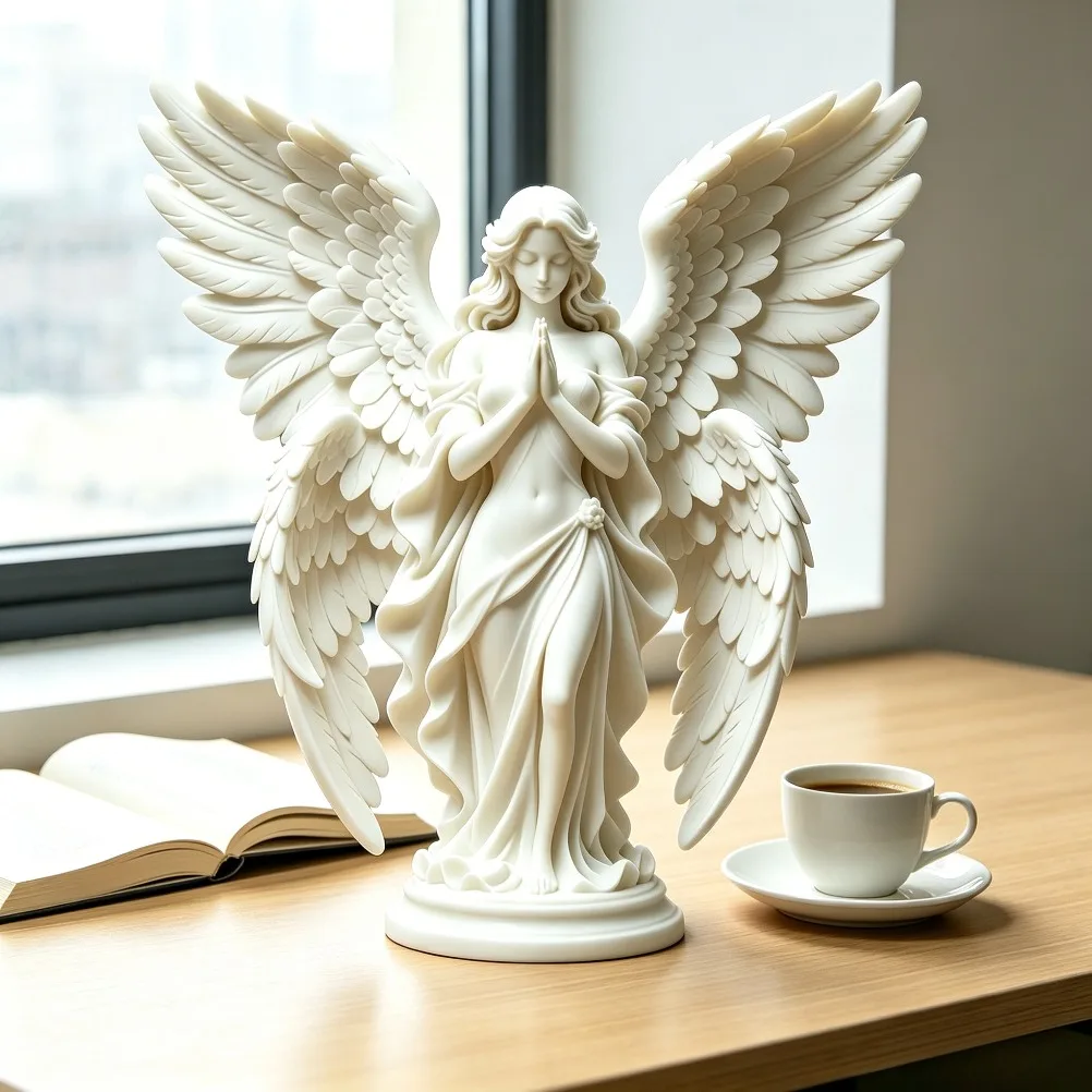 Serene Prayer Winged Guardian Angel Sculpture Matte Neoclassical Faith Statue Calm Tabletop Decor Spiritual Housewarming Present