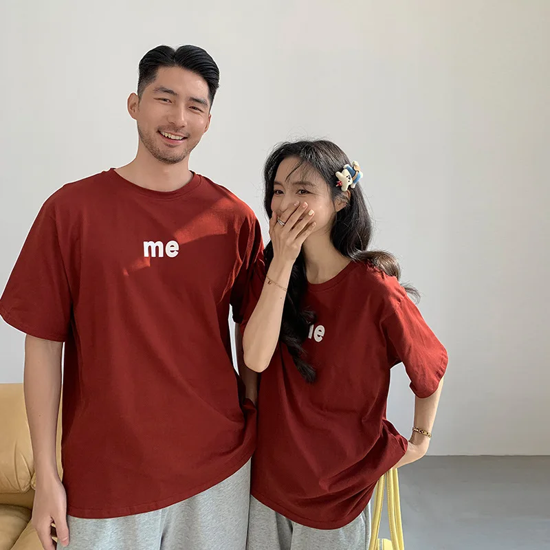 2026 Summer Family Matching T-shirts Letter Print Red Loose Short Sleeve Tops Mommy And Me Family Of 3 Soft Cotton Crew Neck Tee 4