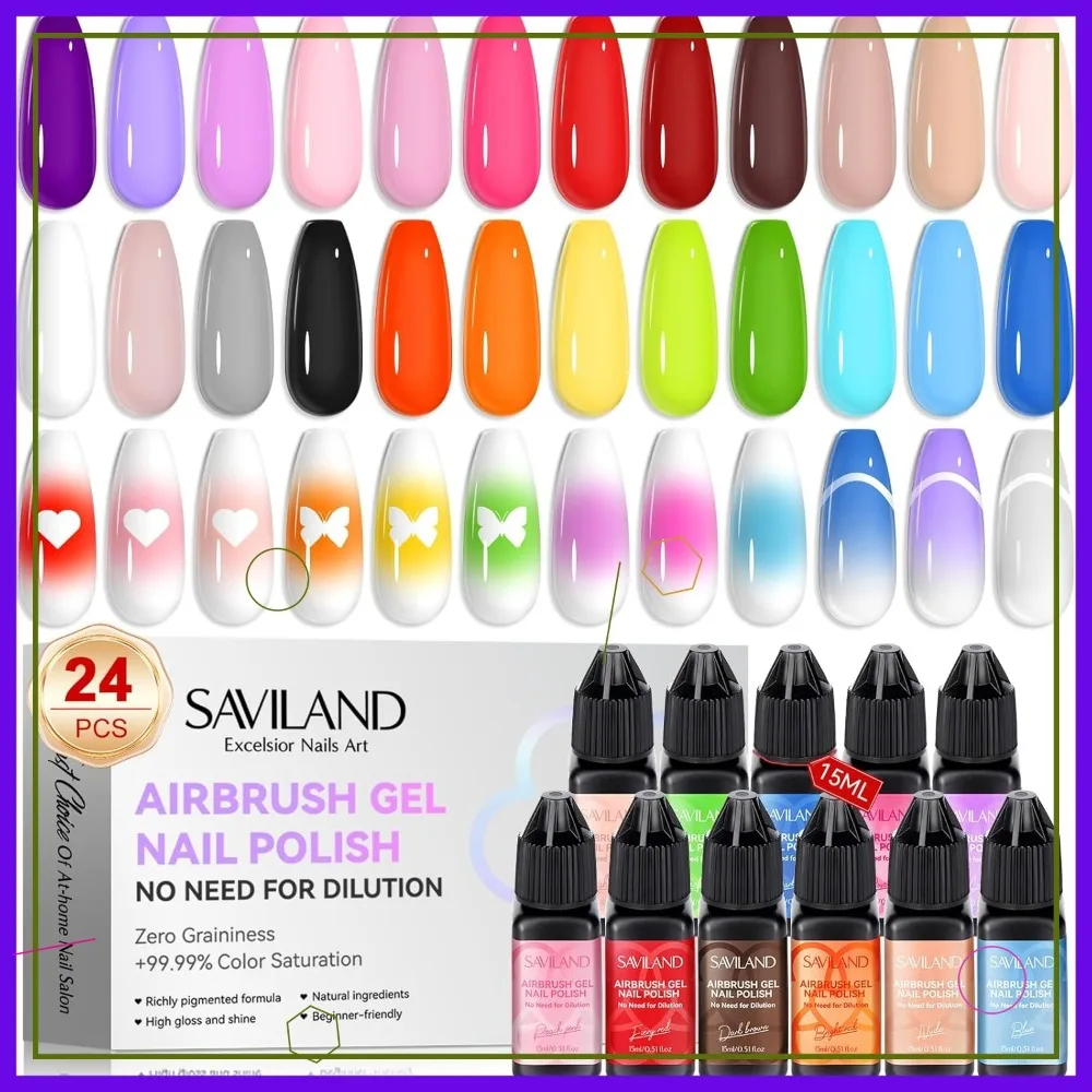 

Hema-Free Airbrush Gel Nail Polish, 24 Colors for Gradient and Layered Nail Art, High Saturation, Non-Acetone, Home Salon Kit