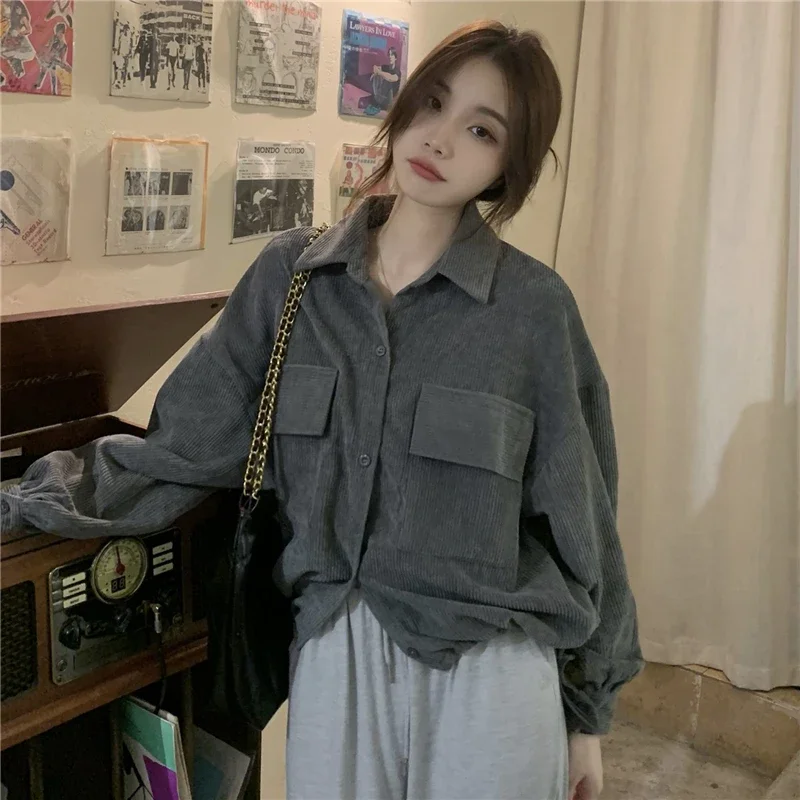 Korean Autumn and Winter Retro Jacket Women Single Breasted Corduroy Shirt Woman 2025 Loose Long Sleeved
