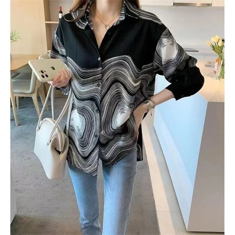 Witte Streep Print Chiffon Shirts Lente Zomer Mode Blouse 2023 Lange Mouw Turn Down Kraag Elegante Koreaanse Shirt Voor Vrouwelijke