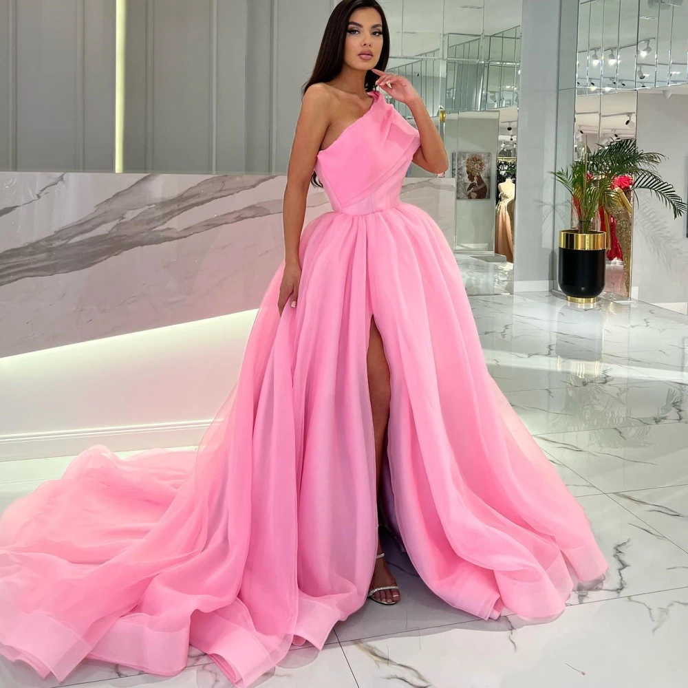 

Carolina One Shoulder Evening Dresses Women Saudi Arabia Satin High Split Vintage Wedding Guest Elegant Formal Party Gowns
