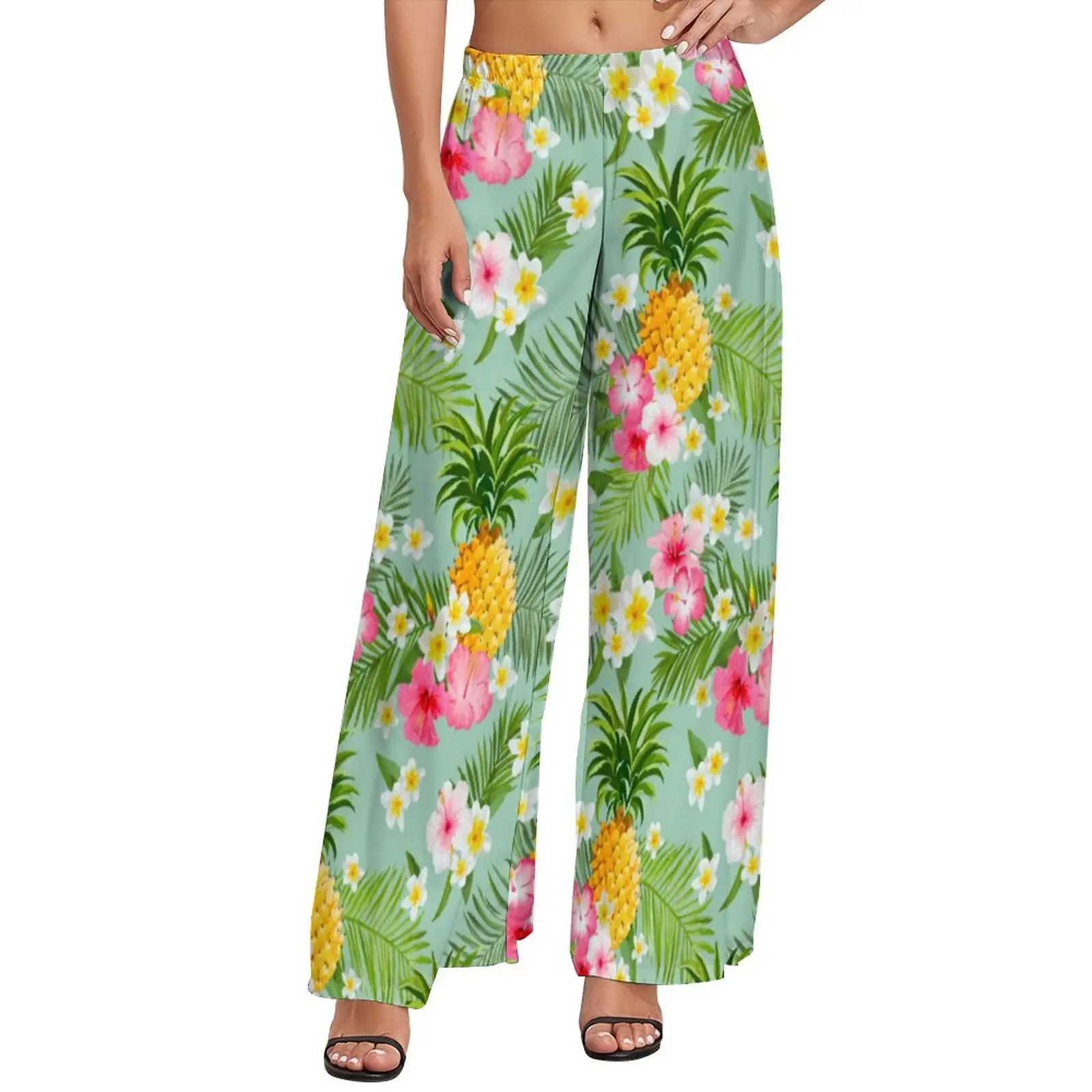 

Tropical Flower Print Pants Elegant Pineapple Sexy Wide Leg Pants Female Oversized Aesthetic Printed Straight Trousers