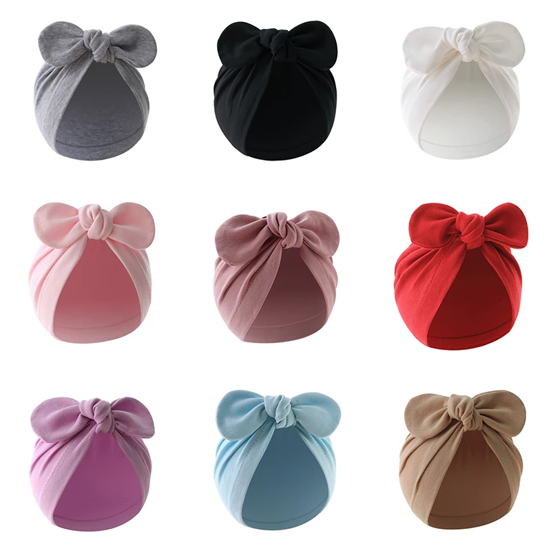 Bunny Ears Turban Hat for Baby Girls Boys 6-24M Cotton Newborn Beanie Caps Solid Bow Tie Hat Kids Infant Hair Accessories