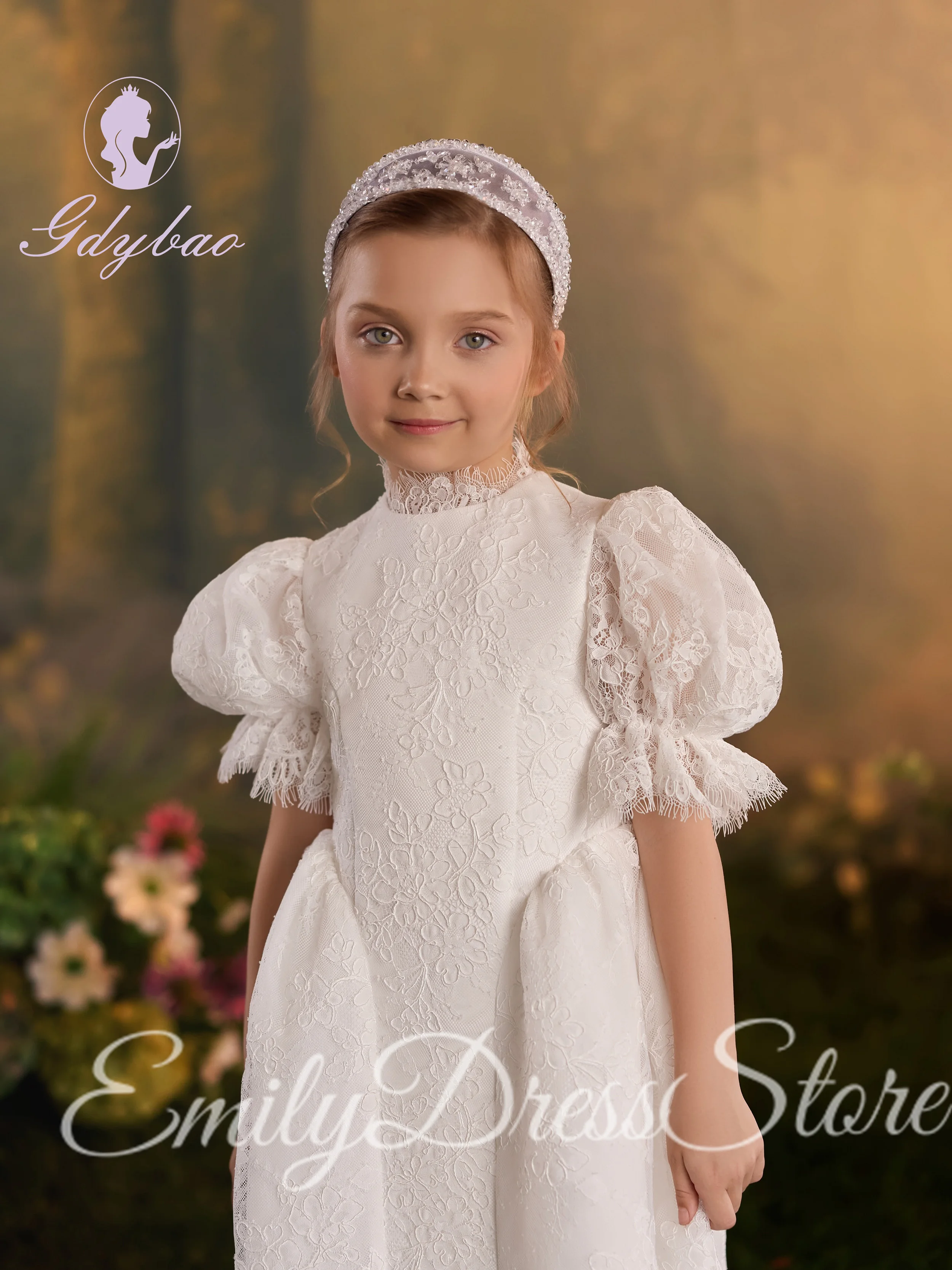 Ivory Flower Girl Dress for Wedding With Bow 3d Applique Lace Tulle Tight Kids Birthday Party Custom First Communion Ball Gown