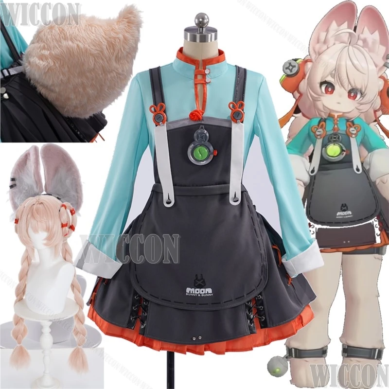 

Zhao Cosplay Cute Kawaii Rabbit Girl Blue Dress Wig Ears Tail Woman Halloween Party Carnival Fancy Suit Game Zenless Zone Zero