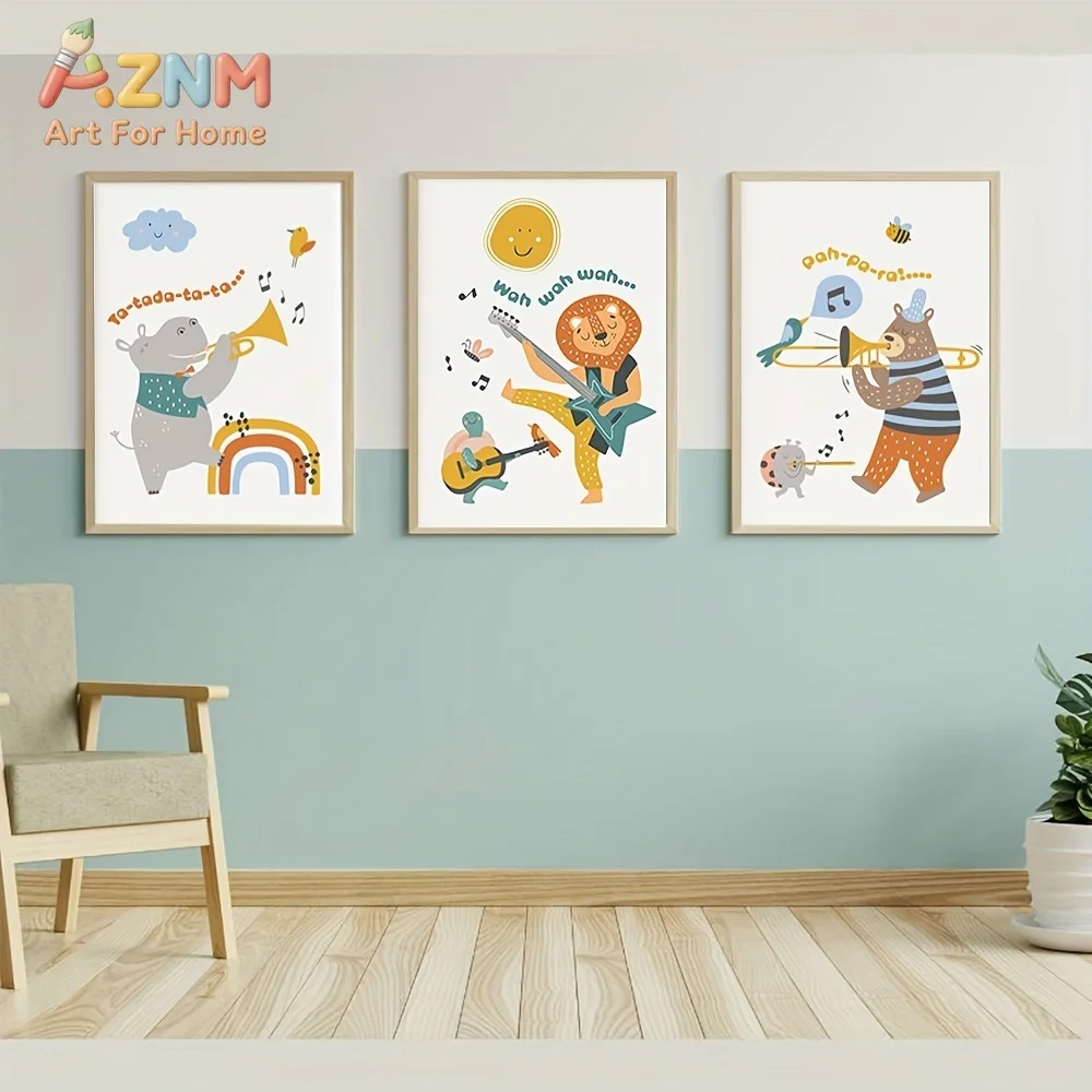 AZNM Music Band Animal Canvas Wall Art Hippo Lion Bear Insect Rainbow Frameless Canvas Painting Nursery Kids Room Home Decor Pos
