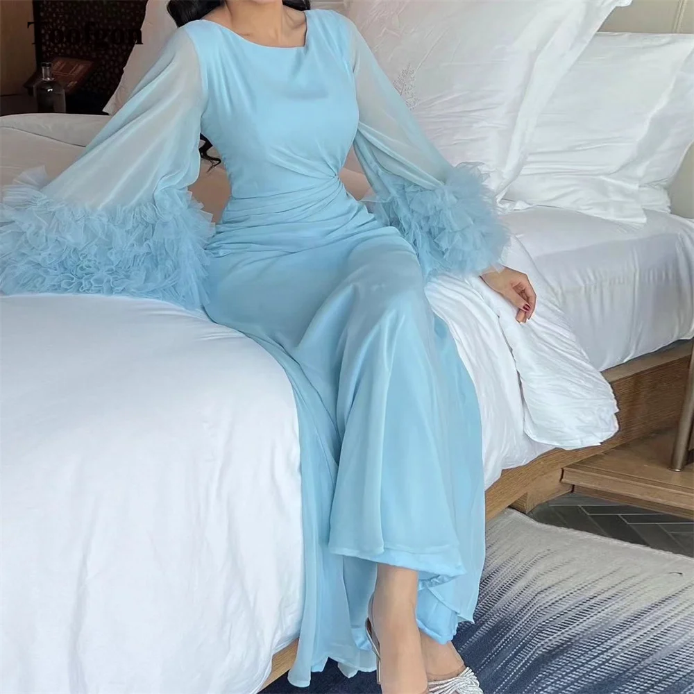 

Toofgon Light Blue Saudi Arabia Chiifon Prom Gowns Sheath Layers Long Sleeves Evening Dresses Women Formal Special Party Dress