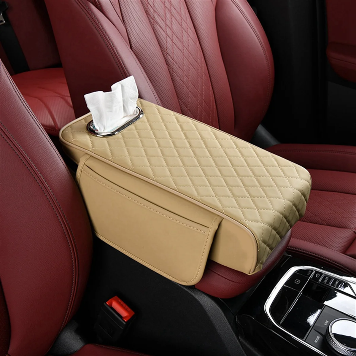 Car Armrest Cover PU Leather with Tissue Storage Memory Foam Height Pad Auto Center Armrest Protective Cushion Support