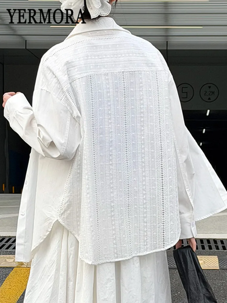 

YERMORA White Back Hollow Out Casual Blouse For Women Lapel Long Sleeve Loose New Shirt Fashion Tide Spring Summer 2026