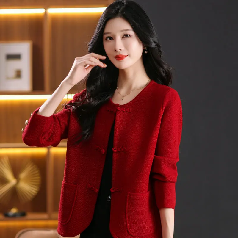 Simple Style Office Lady Look Red Camel Black Knitted Coat For Women Round Collar Single Breasted Oriental Button Design Jackets