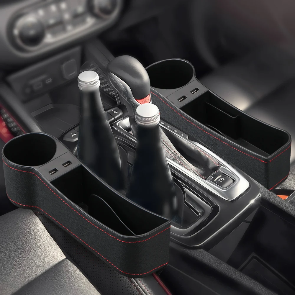 

Car Accessories Leather Car Seat Gap Storage Box Dual USB Charger Seat Gap Slit Box Car Organizer Phone Bottle Cups Holder Box