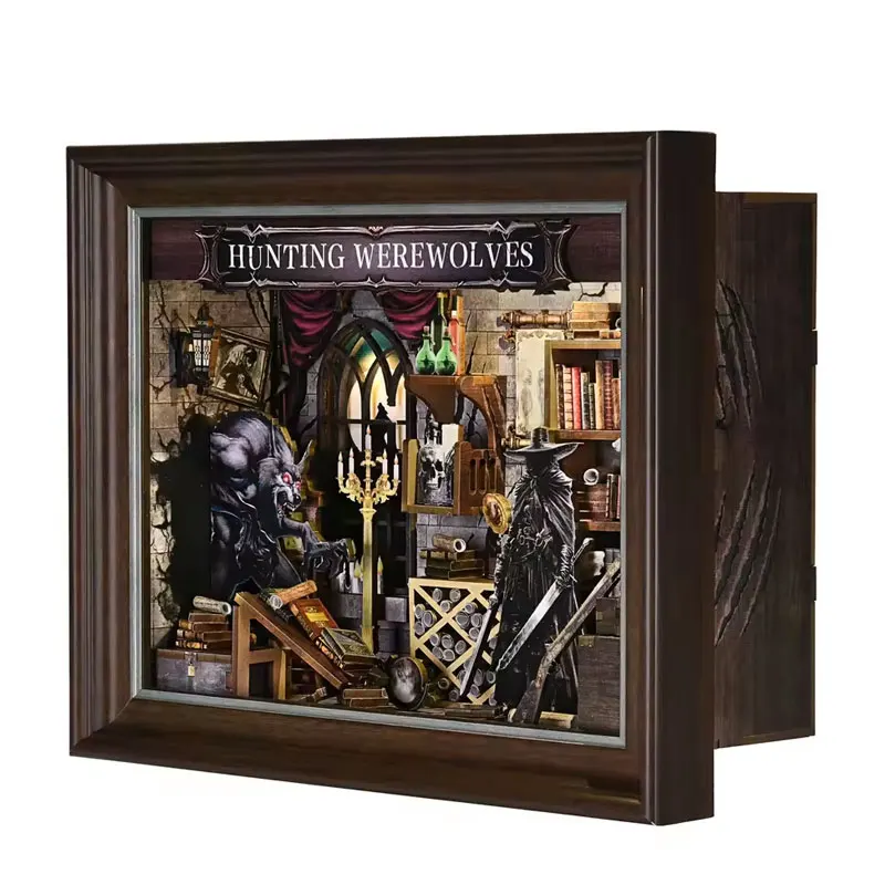 

Book Nook Kit Werewolf Hunter DIY 3D Wooden Puzzle Dollhouse Photo frame ornament Model Bookend Building Home Decoration