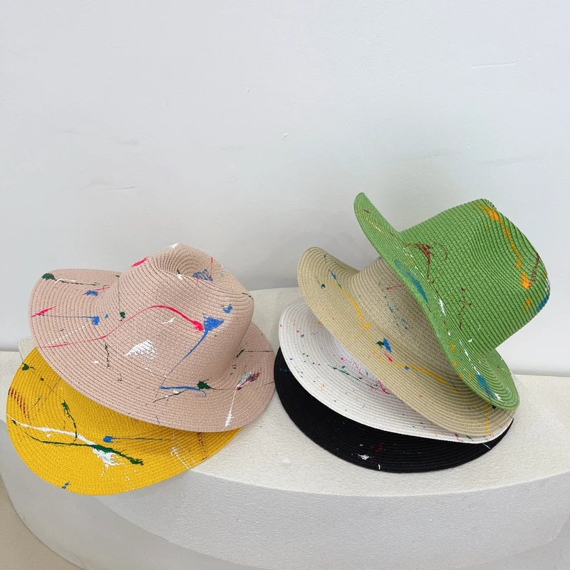 New Fashion Harajuku Style Sun Hats For Women Men Yellow Straw Hat Panama Boater Hats Wide Brim Beach Cap Foldable Derby Hat