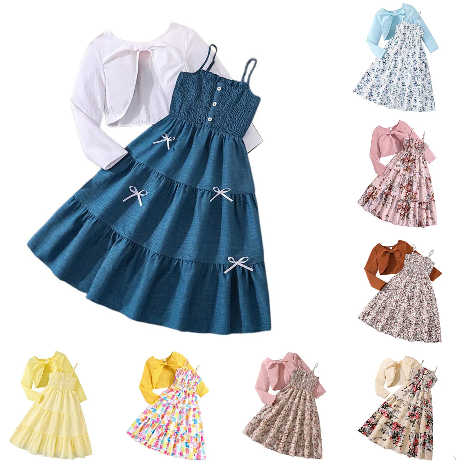 

Girls Spring Autumn Suspender Dress New Fashionable Sweet Dress And Long Sleeve Solid Color Coat Two Piece Set Baby Girl Clothes
