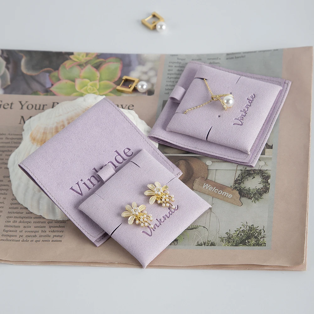 Custom Logo Beige Jewelry Packaging Pouch Small Velvet Suede Microfiber Jewelry Earrings Necklace Pouch Bags with Card Pads