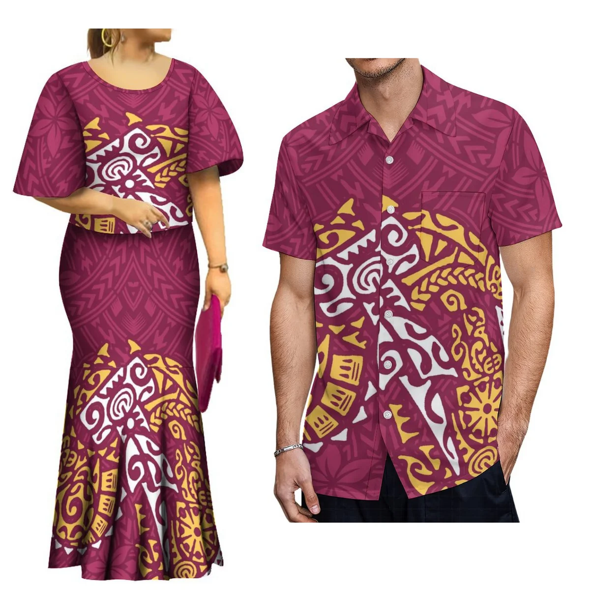 

Polynesian Island Pattern HD Printed Long Fishtail Skirt Pacific Island 8xl Puletasi Mermaid Skirt with men's shirt Couple set