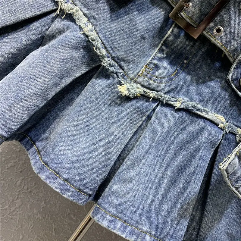 Rok pendek denim retro bayi biru panas anak perempuan rok denim berlipat 2023 rok A-line rok lipit longgar pas ramping