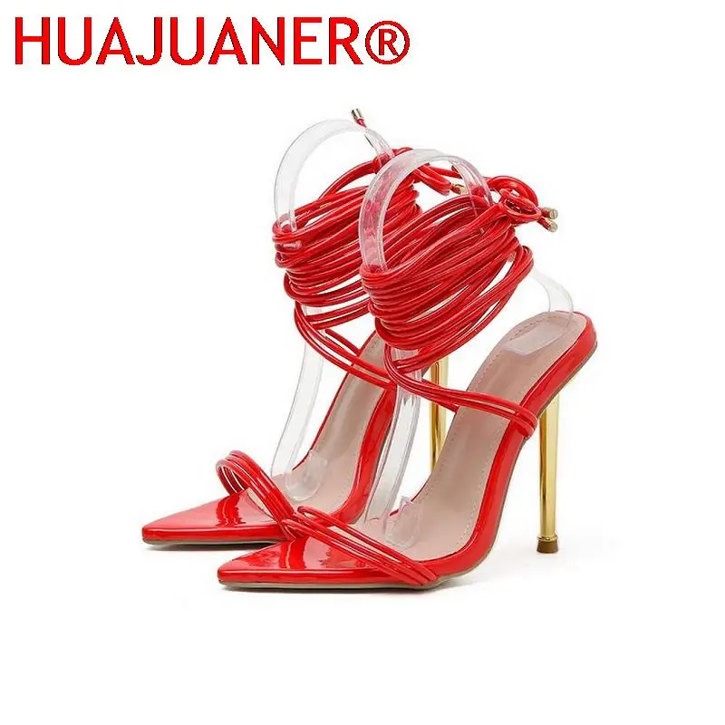 2023 New Style Summer Women Pointed Sandals Plated High Heels Ladies Sandals Open Toe Shoes Girl's Cross Strap Sandals Red Shiny