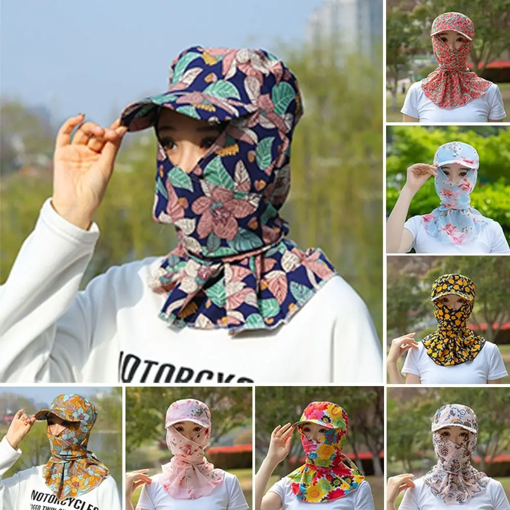Outdoor Wide Brim Sun Hat Breathable Anti-UV Tea Picking Cap Flower Pattern Neck Protection Sun Visor Cap Summer
