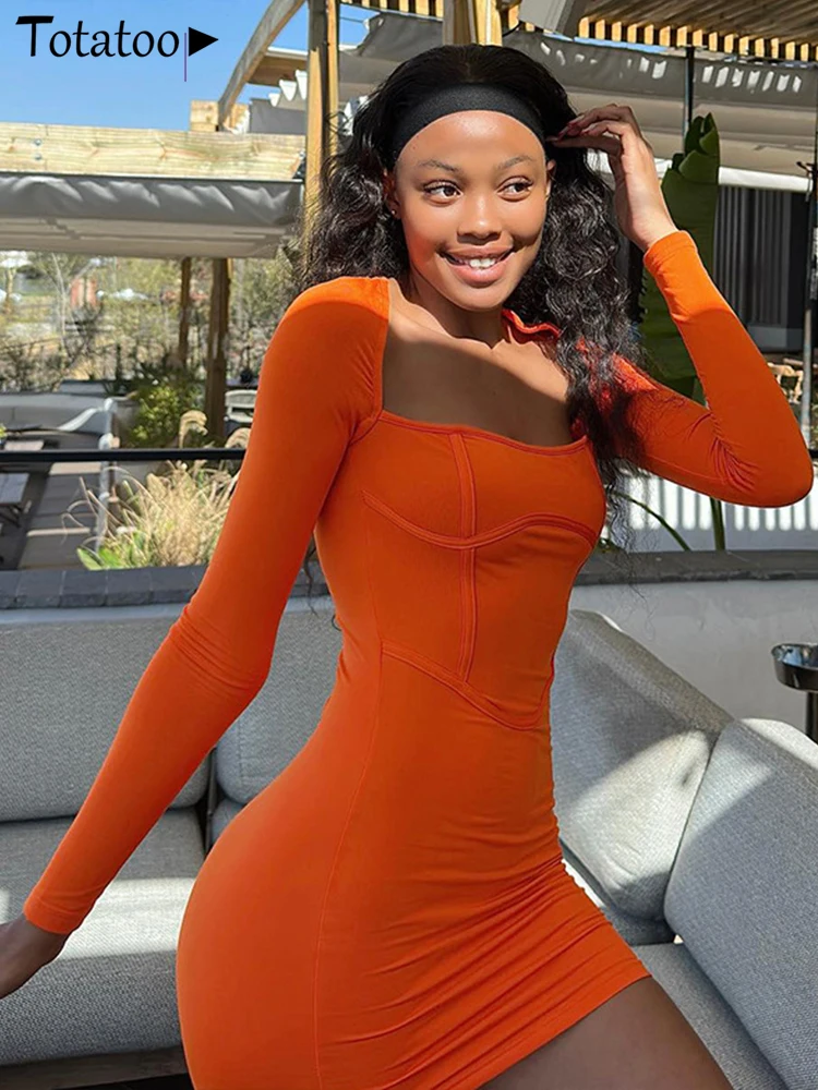 Totatoop Autumn Winter Basic Solid Mini Dress Women 2024 Elegant Square Neck Long Sleeve Orange Bodycon Dress Clubwear Outfits