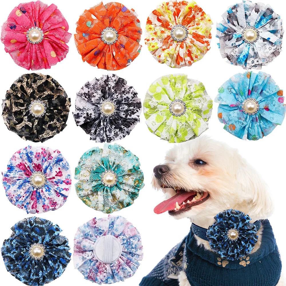 Big Flower Dog Bows Bulk Pet Cat Collar Accessories with Pearl Diomand Grooming Puppy Slidable Collar Bow for Small Dog Supplies