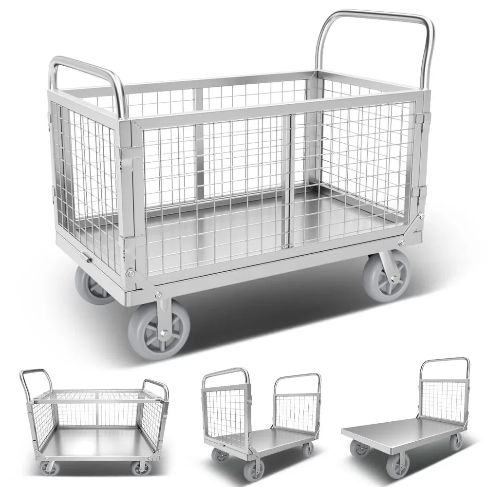 

Platform Truck Cart with Cage, 4in1 Foldable Platform Truck Heavy Duty Push Cart Dolly Load 1800LBS W/Swivel Casters, Large