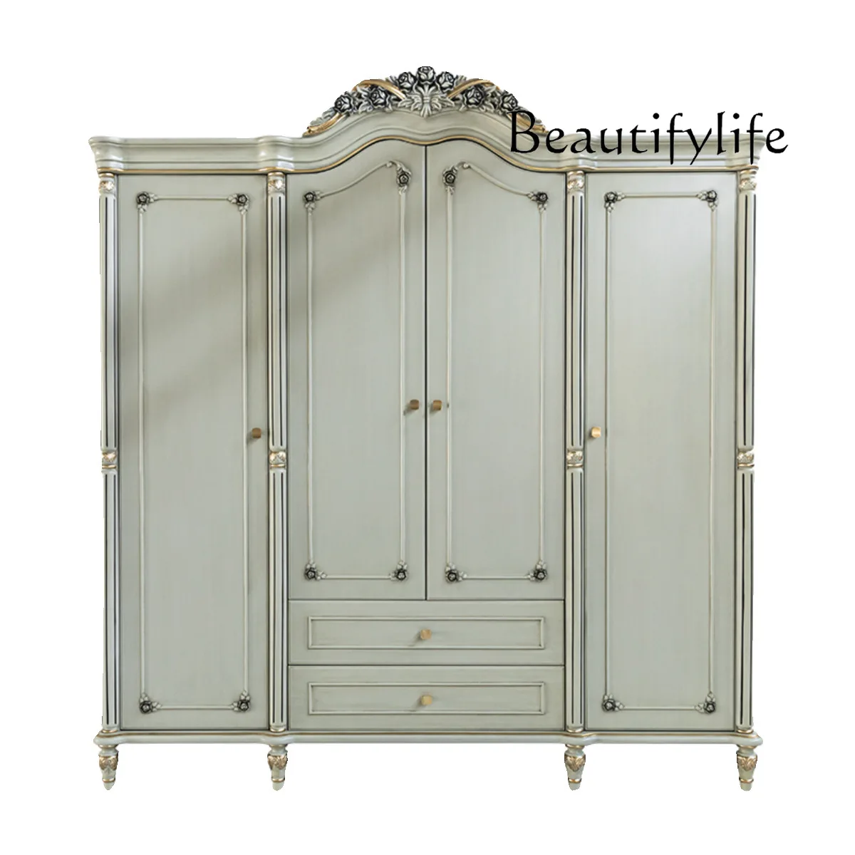 French retro light luxury solid wood wardrobe bedroom European carved four-door storage designer