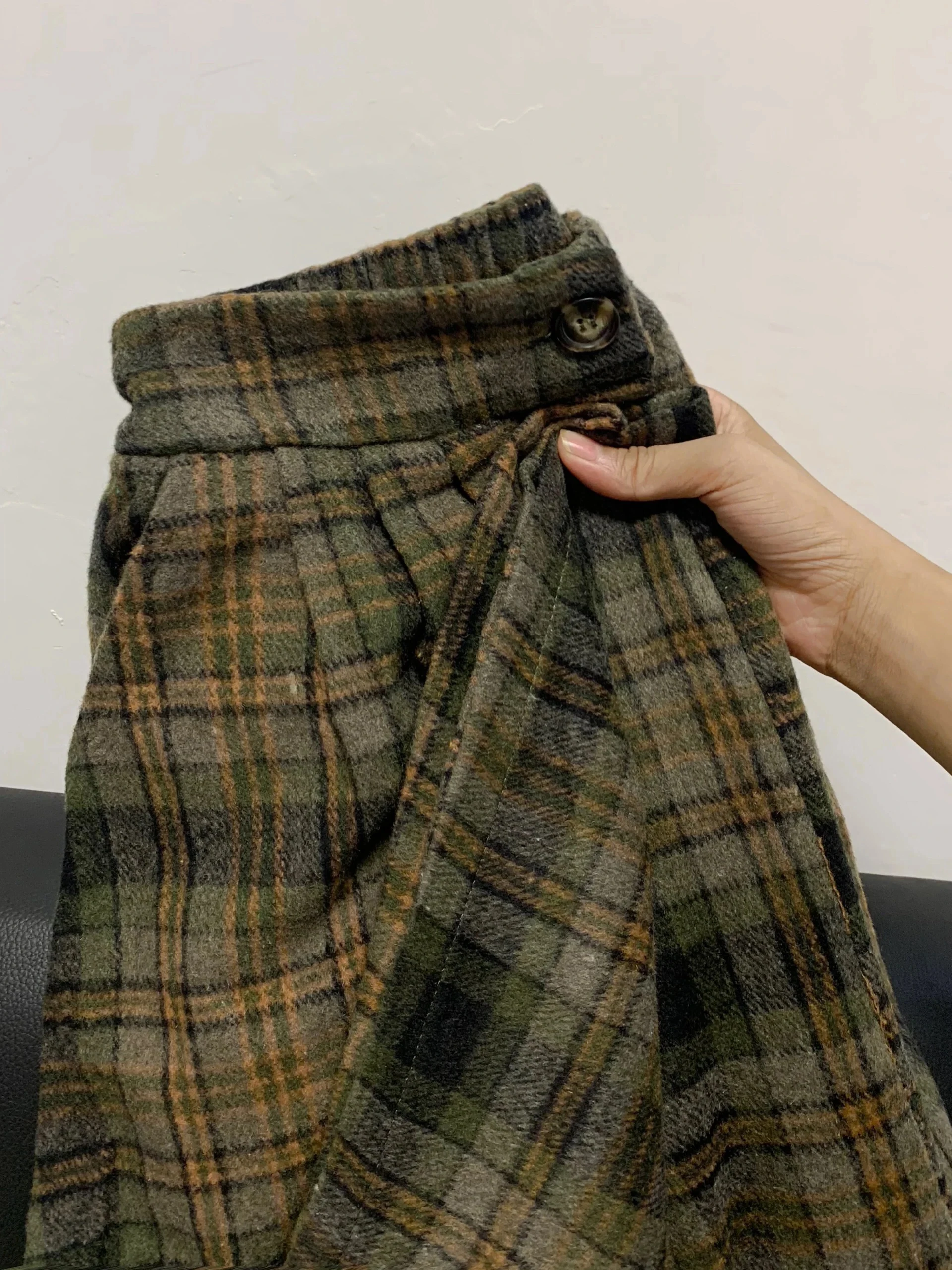 Retro Hong Kong Style High Waist Green Plaid Woolen  Skirt Women's Autumn Winter Slimming A-Line Midi Skirt