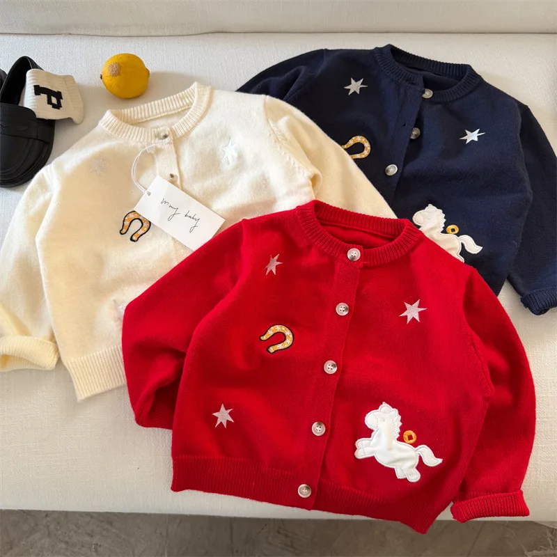 

Children's Sweater 2026 Spring New Arrival Boys and Girls Embroidered Pony Sweater Cute Baby Knit Cardigan