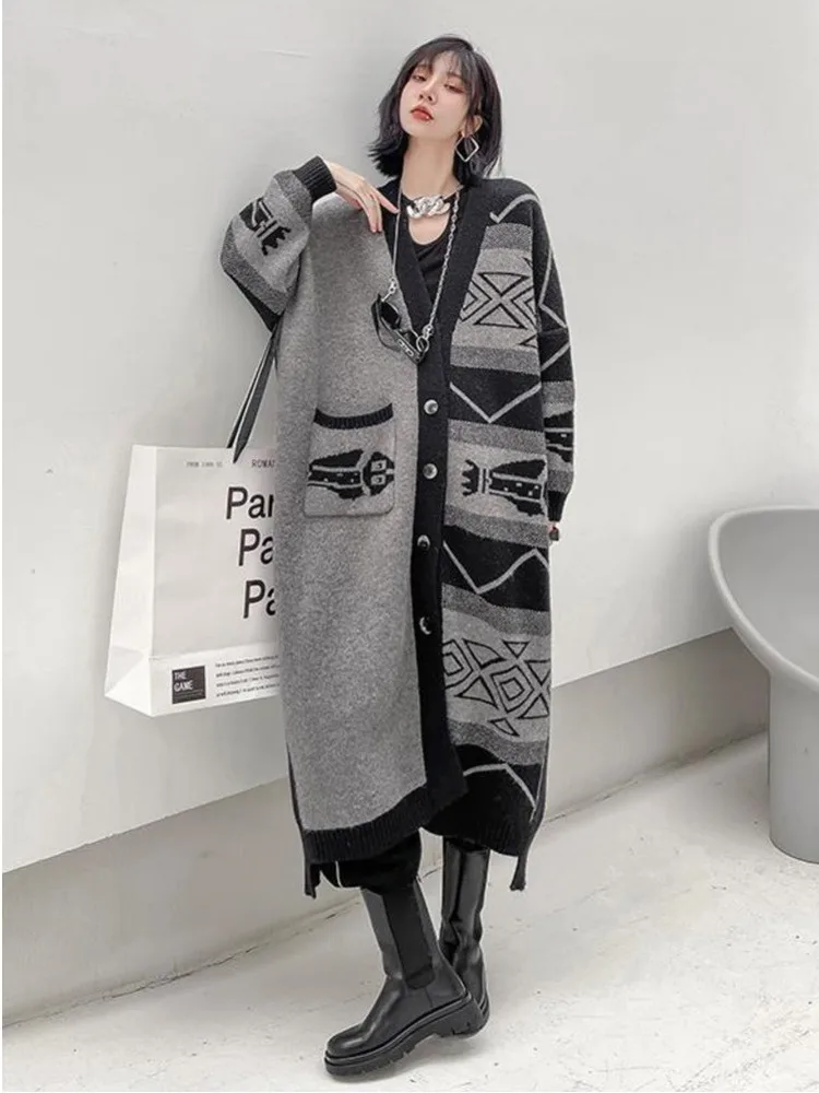 2023 Autumn New Women Sweaters Print Patchwork Arrival Personality Fashion Loose Full Sleeve Sweater Cardigan