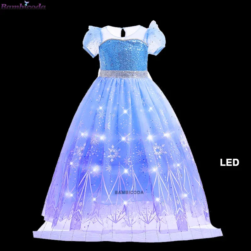 Elza belle princesa rainha da neve traje luz led vestido menina halloween ariel carnaval roupas crianças cosplay cinderela rapunzel
