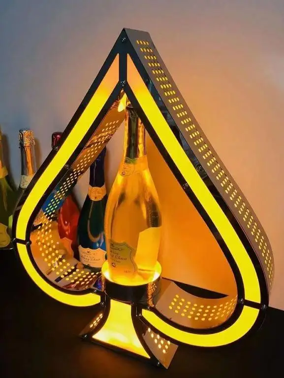 Metal Frame Bar Rechargeable Bottle Service Display Glow Gold LED Flashing Champagne Holder Ace of Spade VIP Bottle Presenter