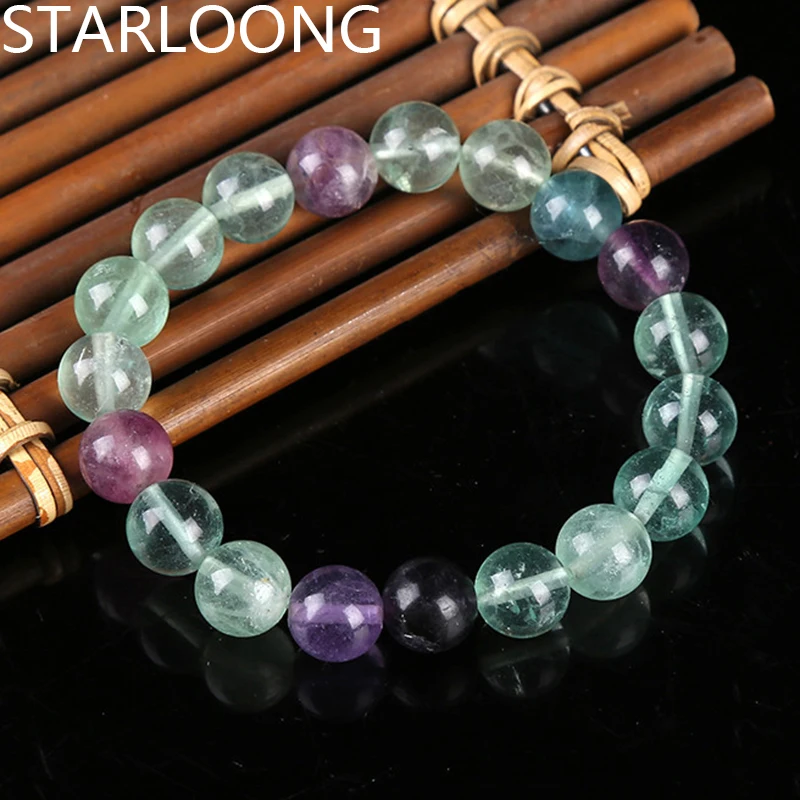 RUILONG Fashion Natural Colourful Fluorite Stone Bracelet 6/8/10MM Round Beads Jewelry Sweet Color Charm Bracelet Wristband Gift