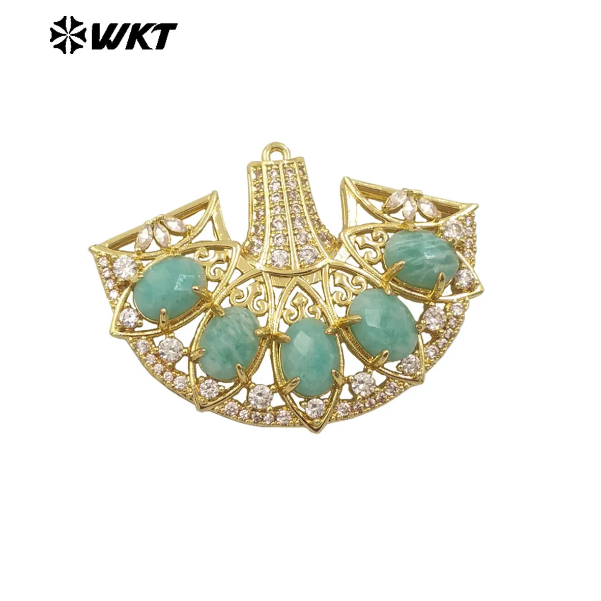 

WT-MP295 Unique Latest Style Fans Shape CZ And Colorful Gemstone With 18k Gold Plating Stone Pendant ACC Findings