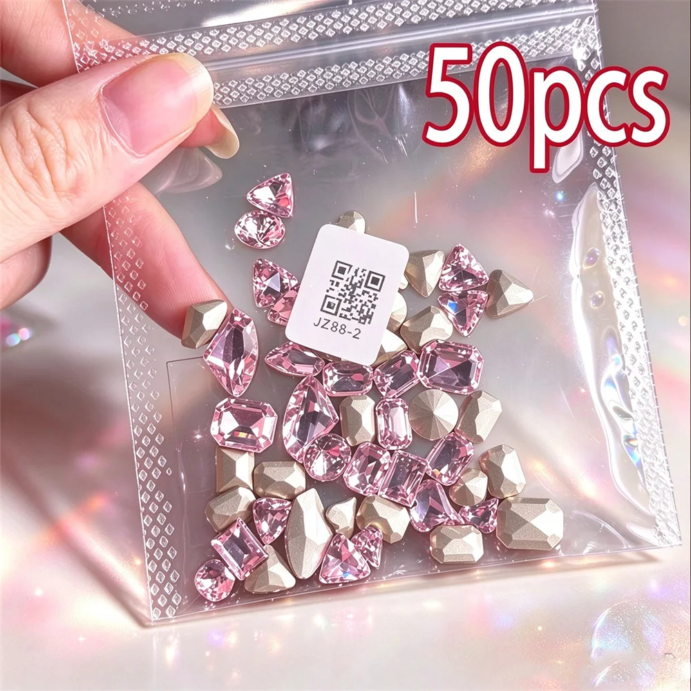 50Pcs Shiny Pink Crystal Nail Decoration Heart Square Oval Shapes Pointed Bottom Irregular Nail Charms Rhinestones DIY Nail Art