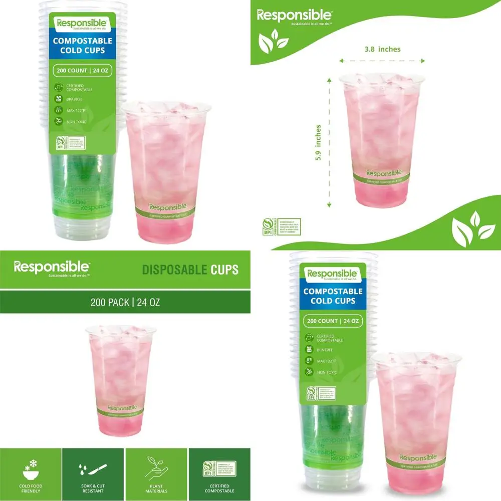 

100% биоразлагаемые компостируемые стаканы для холодных напитков из США, 24 унции, 200 штук в упаковке, без BPA, без PAS