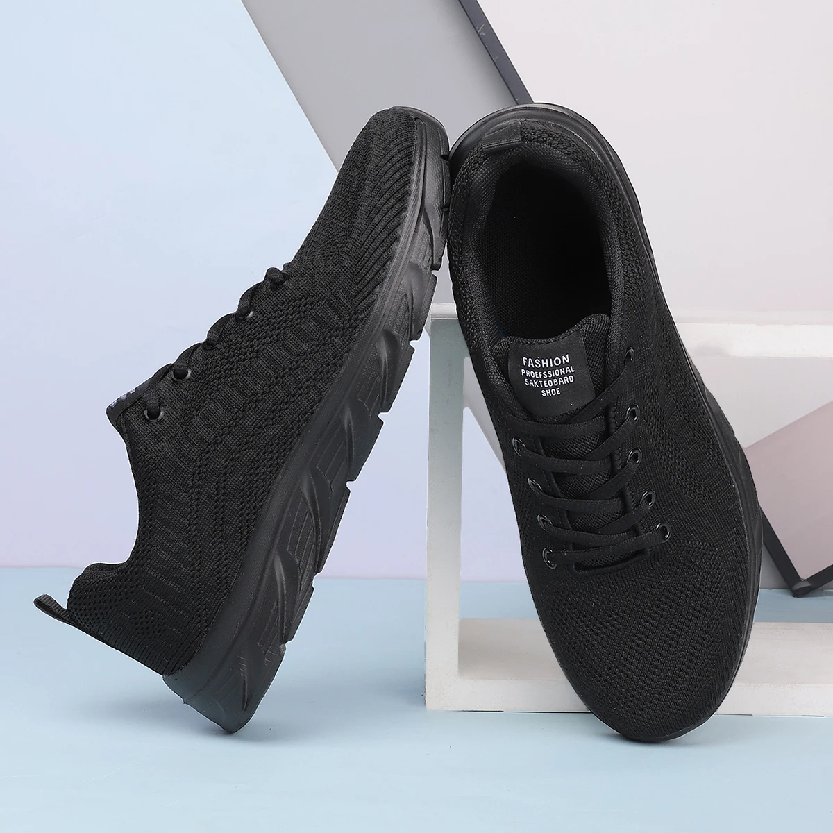 ZERJER Full Black Flying Knit Men Sneakers, Breathable Lightweight Non-Slip Casual Running Walking Athletic Shoes for Outdoor Da