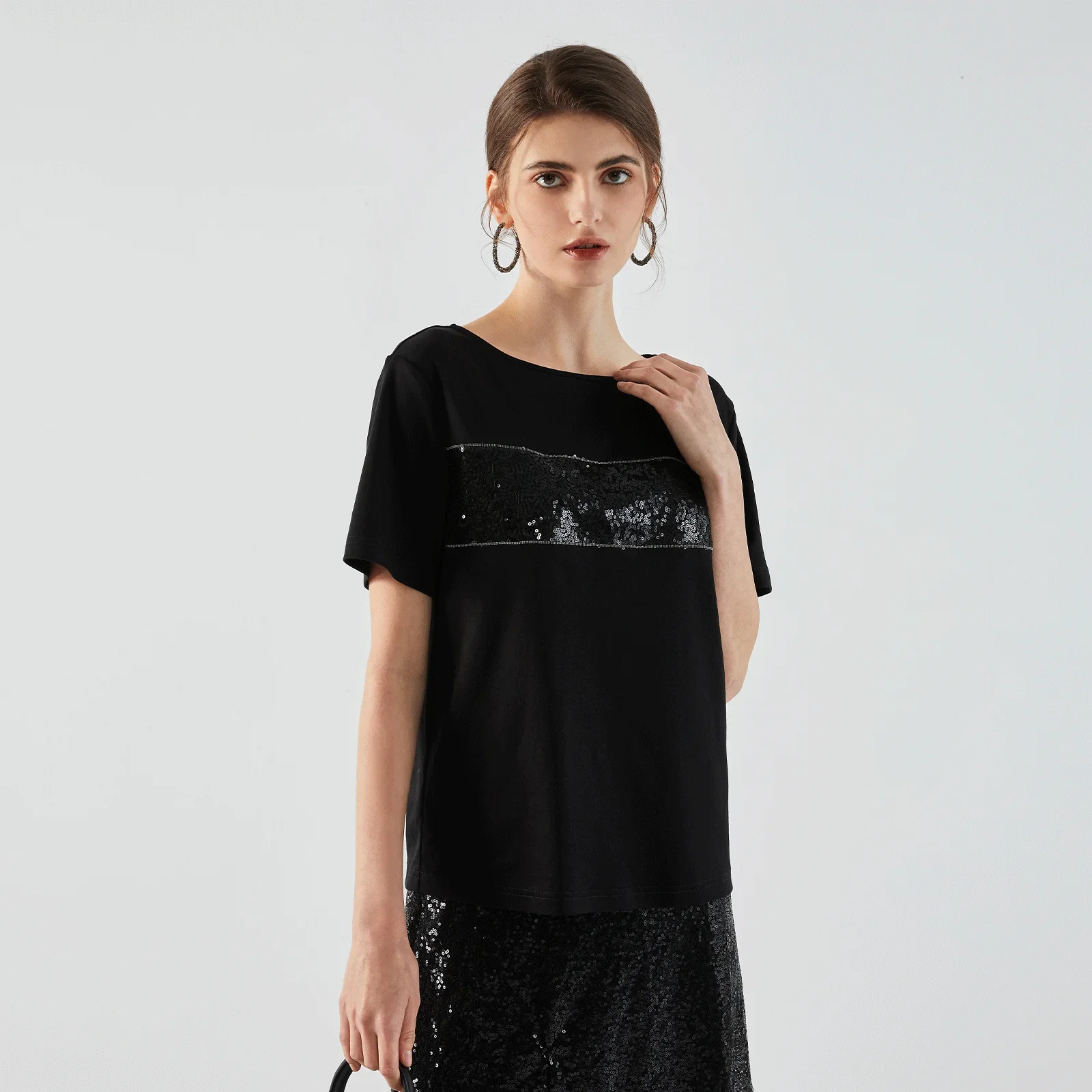 Pop K1594W Women's Round Neck T-Shirt Sequins 100% Cotton Solid Color Casual Fashion Top