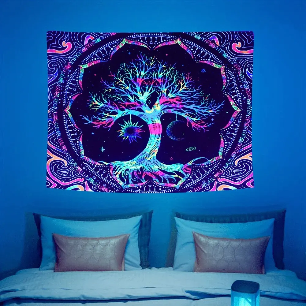 1Pcs Tree Of Life Tapestry BlackLight Sun Moon Stars Galaxy Colorful Hippie Psychedelic Bedroom Dorm Decor Aesthetic