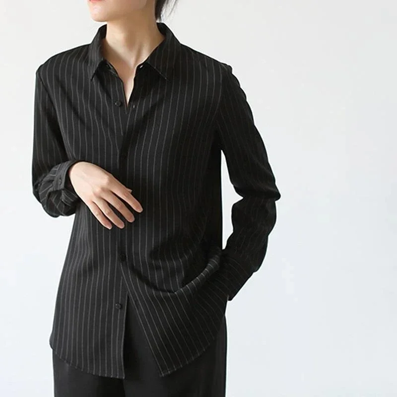 MEXZT-Chemises rayées noires vintage pour femmes, chemises de bureau à manches longues, chemisiers décontractés pour dames, mode coréenne élégante,