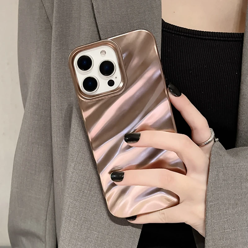 Fashion Desert Titanium Wave Texture Matte Case For iPhone 16 Pro Max 15 14 13 Silk Ruffle Pattern Soft TPU Phone Cover